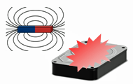 磁気消去：消磁装置でハードディスクに強磁場を瞬間照射し、一瞬でデータ消去します。